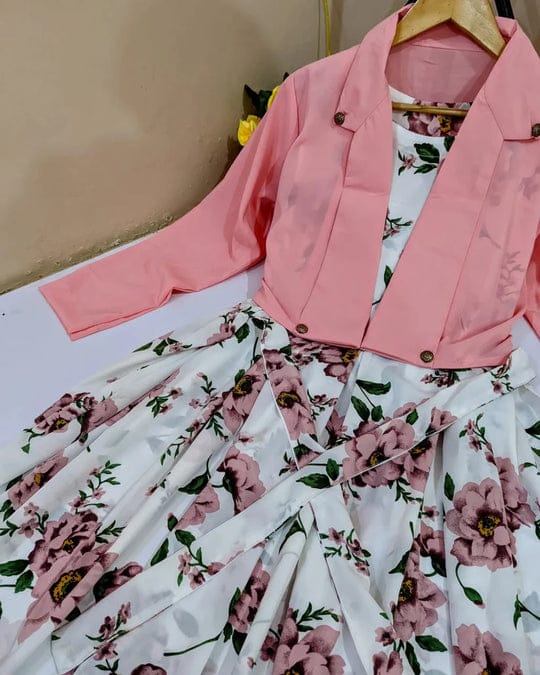 2 Pcs Stylish Floral Print Maxi Dress with Pink Jacket – Women’s Western Wear Cotton Maxi Outfit