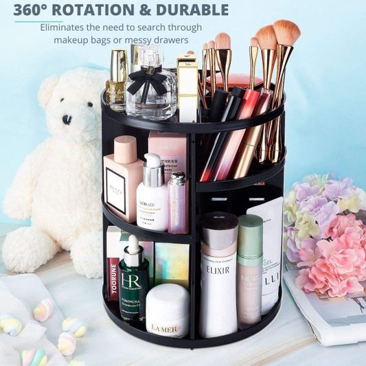 360° Rotating Cosmetic Organizer – Large Capacity Black Makeup Storage Box With Adjustable Dividers For Skincare, Perfumes & Beauty Accessories
