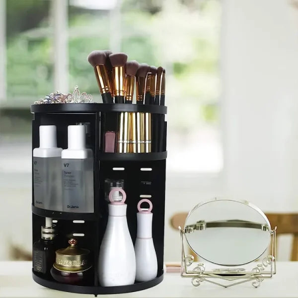 360° Rotating Cosmetic Organizer – Large Capacity Black Makeup Storage Box With Adjustable Dividers For Skincare, Perfumes & Beauty Accessories
