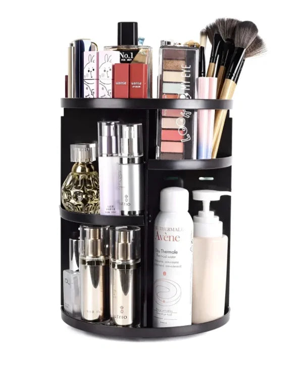 360° Rotating Cosmetic Organizer – Large Capacity Black Makeup Storage Box With Adjustable Dividers For Skincare, Perfumes & Beauty Accessories