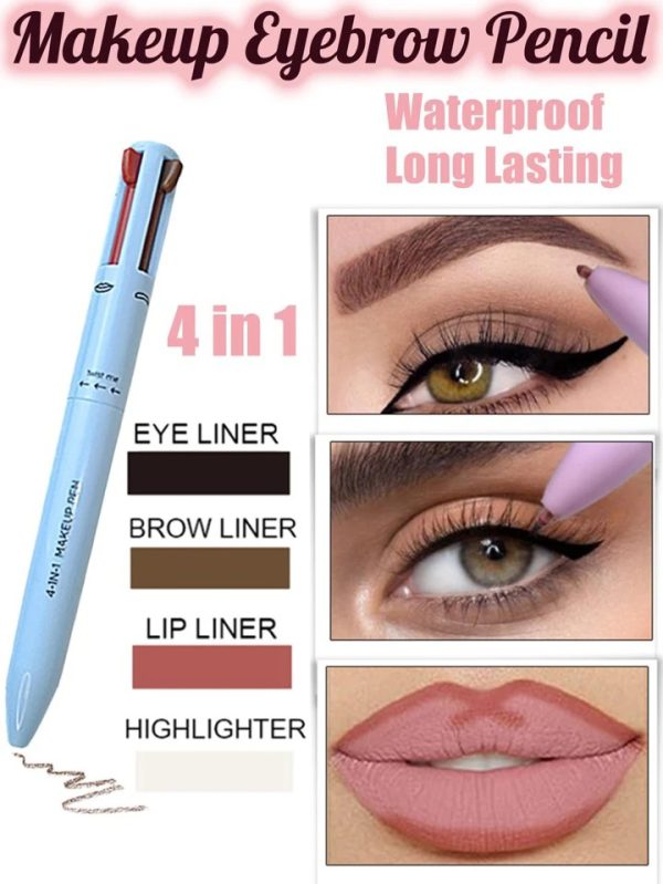 4 In 1 Waterproof Makeup Pen – Eyebrow Pencil, Lip Liner, Highlighter & Eyeliner – Long Lasting, Easy to Use Multifunctional Makeup Tool (Random Color)