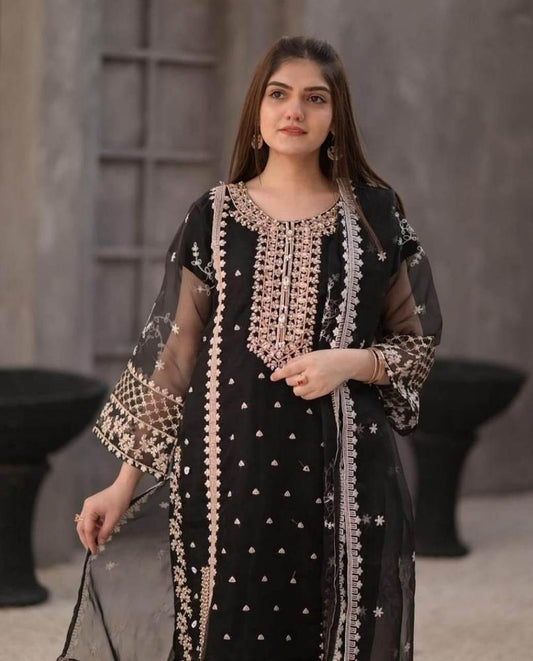 3 Pcs Women’s Stitched Organza Embroidered Suit with Plain Trouser & Dupatta – Black