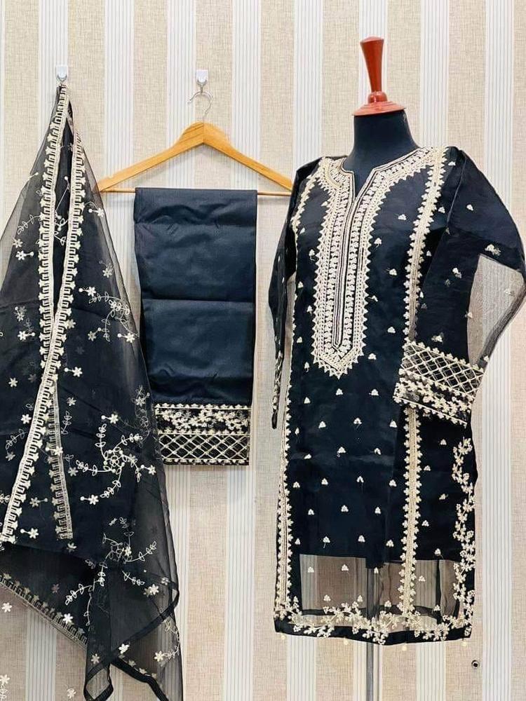 3 Pcs Women’s Stitched Organza Embroidered Suit with Plain Trouser & Dupatta – Black