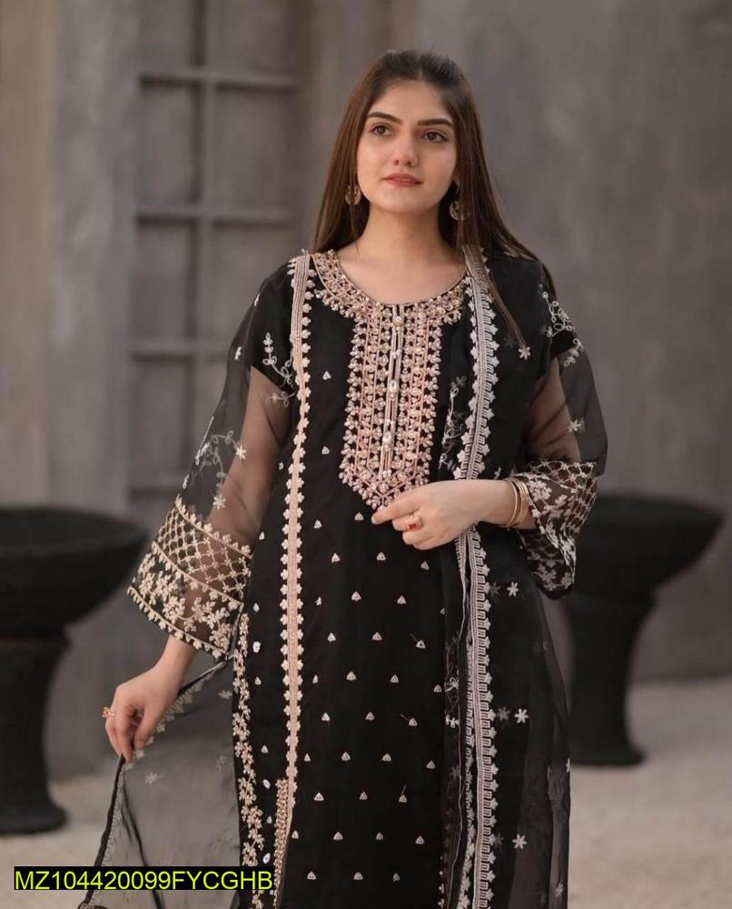 3 Pcs Women’s Stitched Organza Embroidered Suit with Plain Trouser & Dupatta – Black