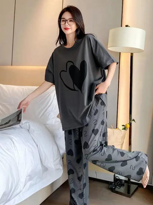 2 Pcs Women’s Stitched Cotton Jersey Printed Night Suit – Grey Sleepwear Set