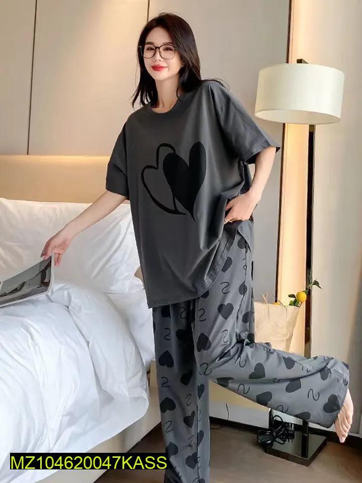 2 Pcs Women’s Stitched Cotton Jersey Printed Night Suit – Grey Sleepwear Set