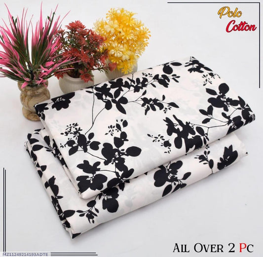 2 Pcs Women’s Unstitched Printed Polo Cotton Suit – Black | Shirt & Trouser Set