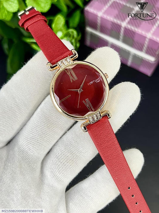 Stylish Women's Red Leather Quartz Watch - 1 Pc Water Resistant Timepiece
