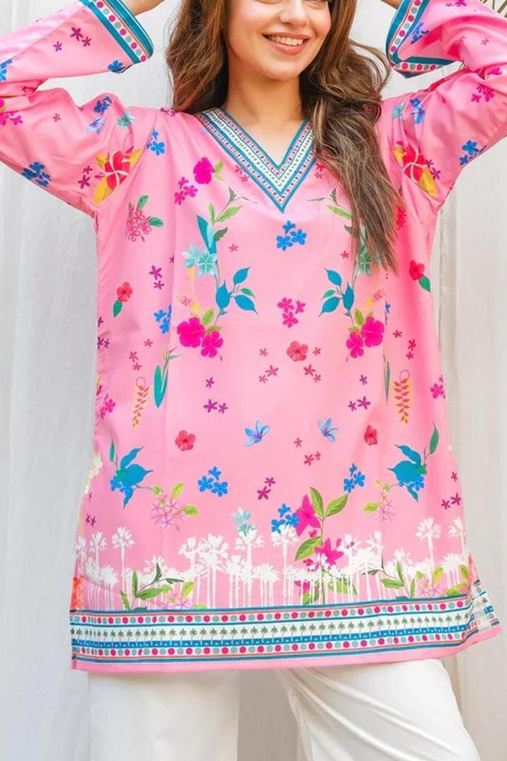 Stylish Printed V-Neck Shirt & Plain Trouser Set – 2 Pcs Women’s Stitched Outfit (Grip Fabric)