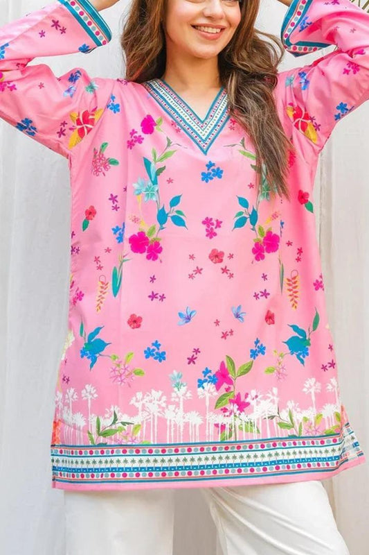 Stylish Printed V-Neck Shirt & Plain Trouser Set – 2 Pcs Women’s Stitched Outfit (Grip Fabric)