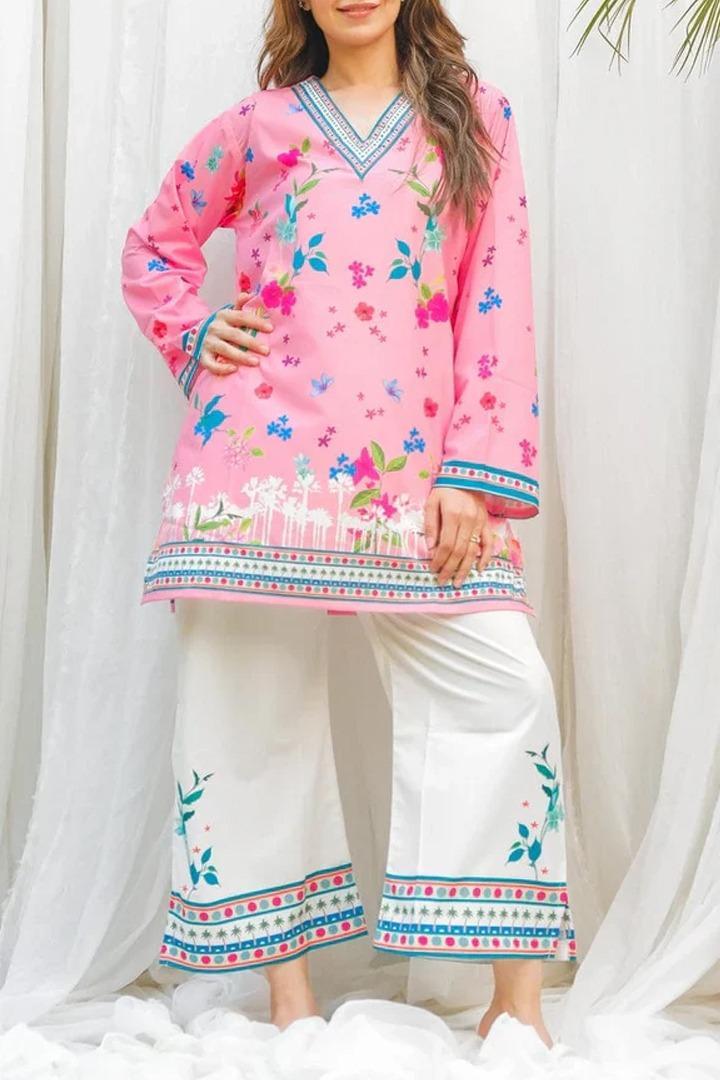 Stylish Printed V-Neck Shirt & Plain Trouser Set – 2 Pcs Women’s Stitched Outfit (Grip Fabric)