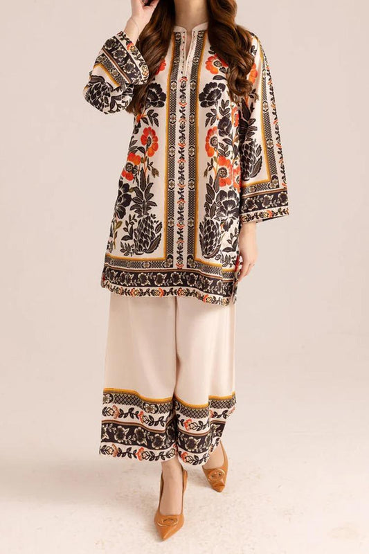 Stylish Printed V-Neck Shirt & Plain Trouser Set – 2 Pcs Women’s Stitched Outfit
