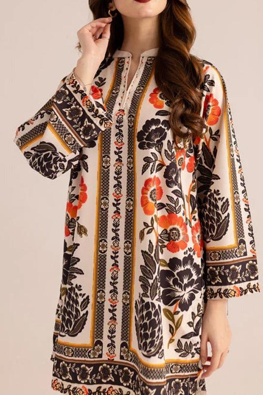 Stylish Printed V-Neck Shirt & Plain Trouser Set – 2 Pcs Women’s Stitched Outfit