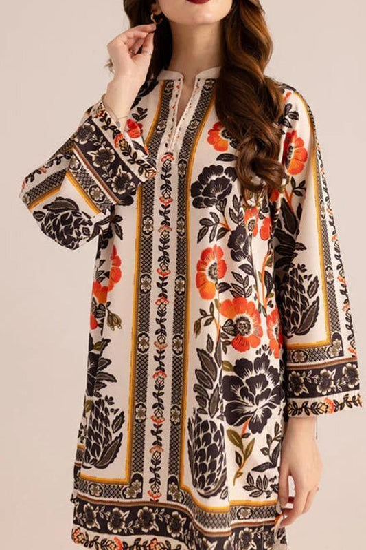 Stylish Printed V-Neck Shirt & Plain Trouser Set – 2 Pcs Women’s Stitched Outfit