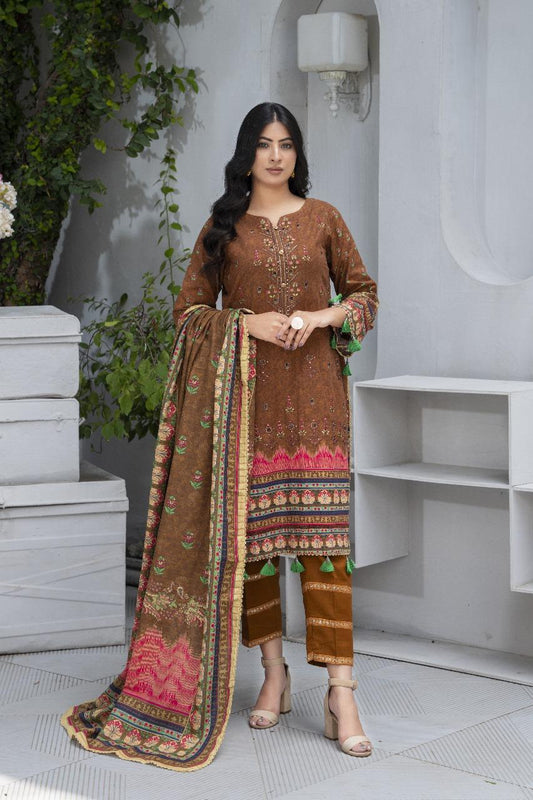 3 Pcs Women’s Unstitched Khaddar Suit with Embroidered Front & Printed Dupatta – Brown