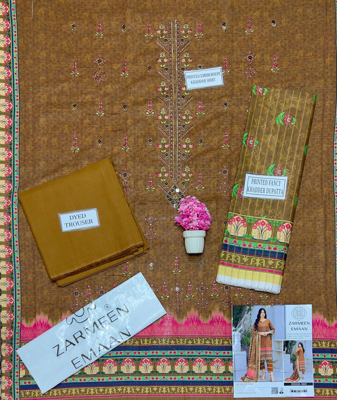 3 Pcs Women’s Unstitched Khaddar Suit with Embroidered Front & Printed Dupatta – Brown