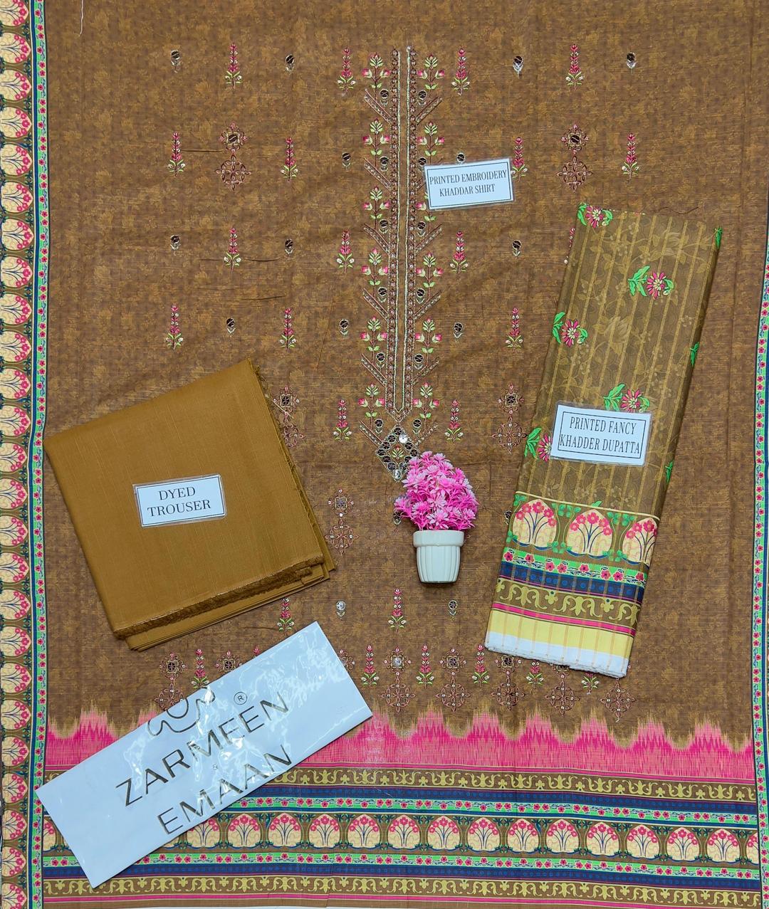 3 Pcs Women’s Unstitched Khaddar Suit with Embroidered Front & Printed Dupatta – Brown