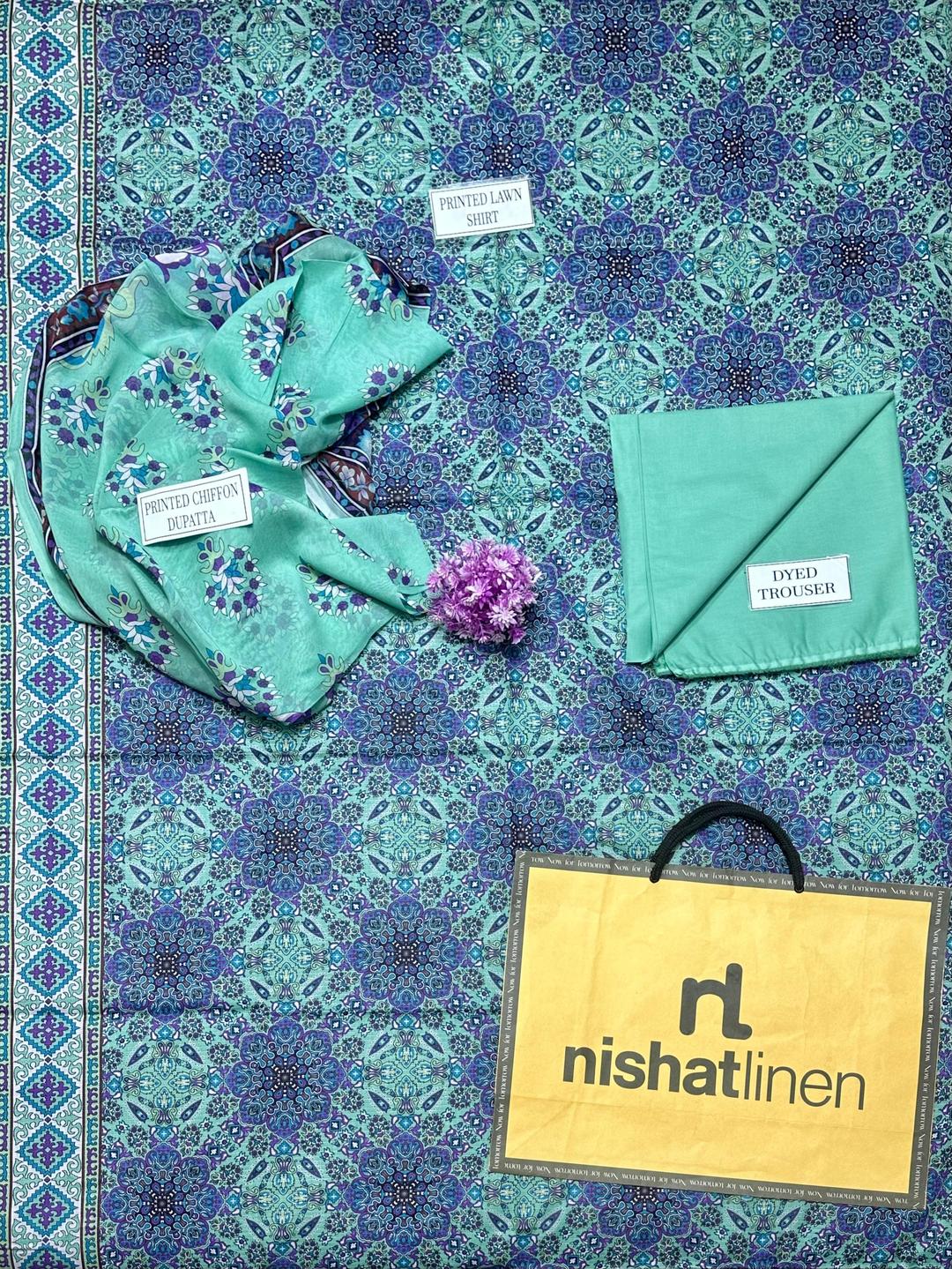 3 Pcs Women’s Unstitched Lawn Printed Suit with Chiffon Dupatta – Blue