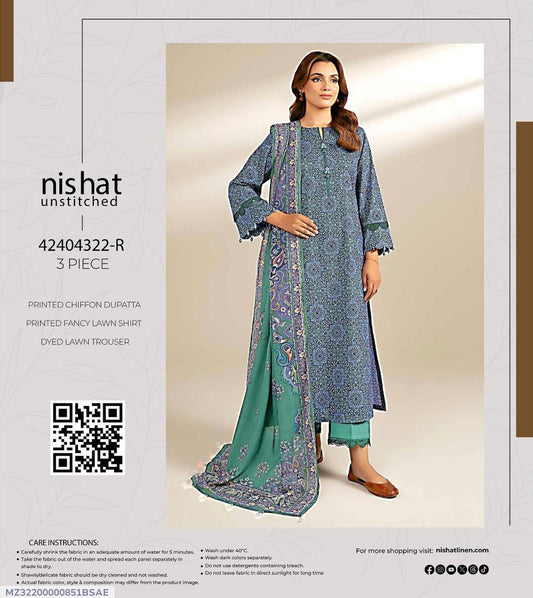 3 Pcs Women’s Unstitched Lawn Printed Suit with Chiffon Dupatta – Blue