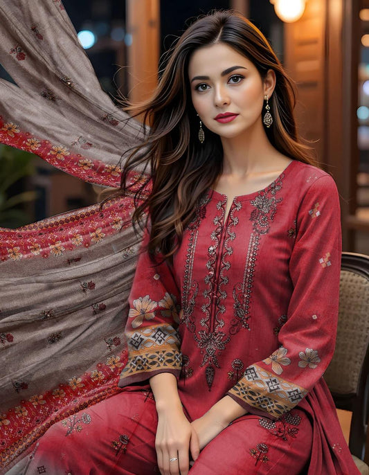 3 Pcs Women’s Unstitched Lawn Printed Suit with Embroidered Neckline & Silk Dupatta – Red