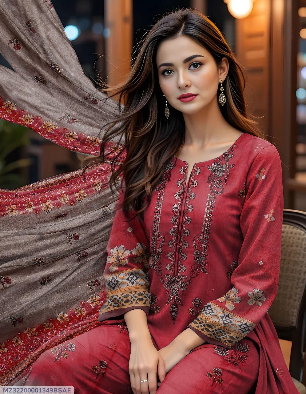 3 Pcs Women’s Unstitched Lawn Printed Suit with Embroidered Neckline & Silk Dupatta – Red