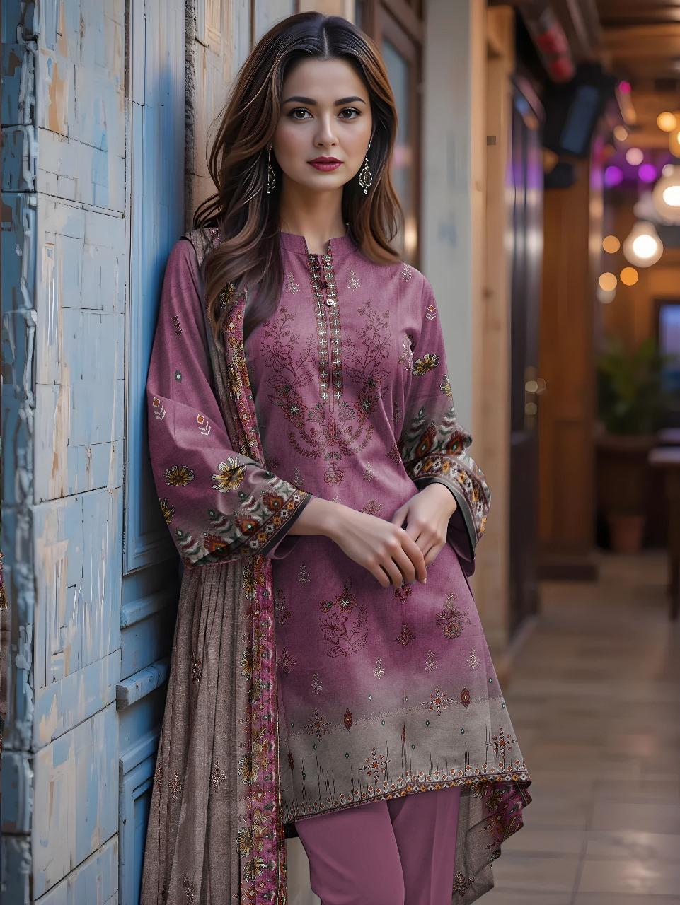 3 Pcs Women’s Unstitched Lawn Printed Suit with Embroidered Neckline & Silk Dupatta – Purple