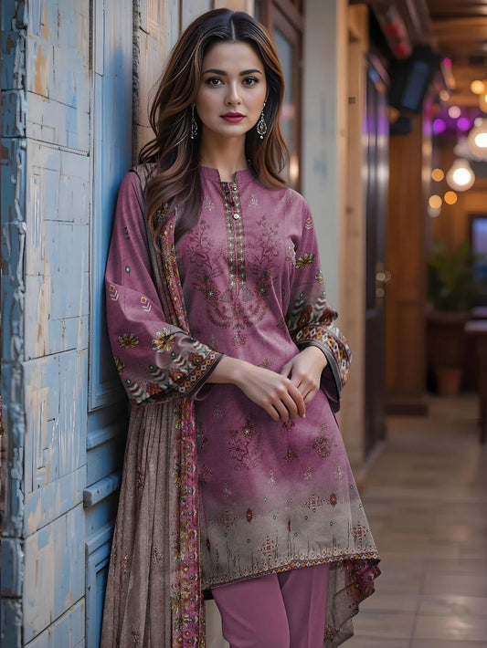 3 Pcs Women’s Unstitched Lawn Printed Suit with Embroidered Neckline & Silk Dupatta – Purple