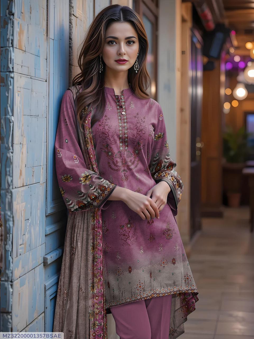 3 Pcs Women’s Unstitched Lawn Printed Suit with Embroidered Neckline & Silk Dupatta – Purple