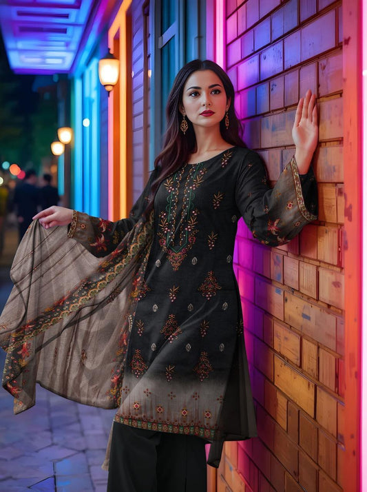 3 Pcs Women’s Unstitched Lawn Printed Suit with Embroidered Neckline & Silk Dupatta – Black