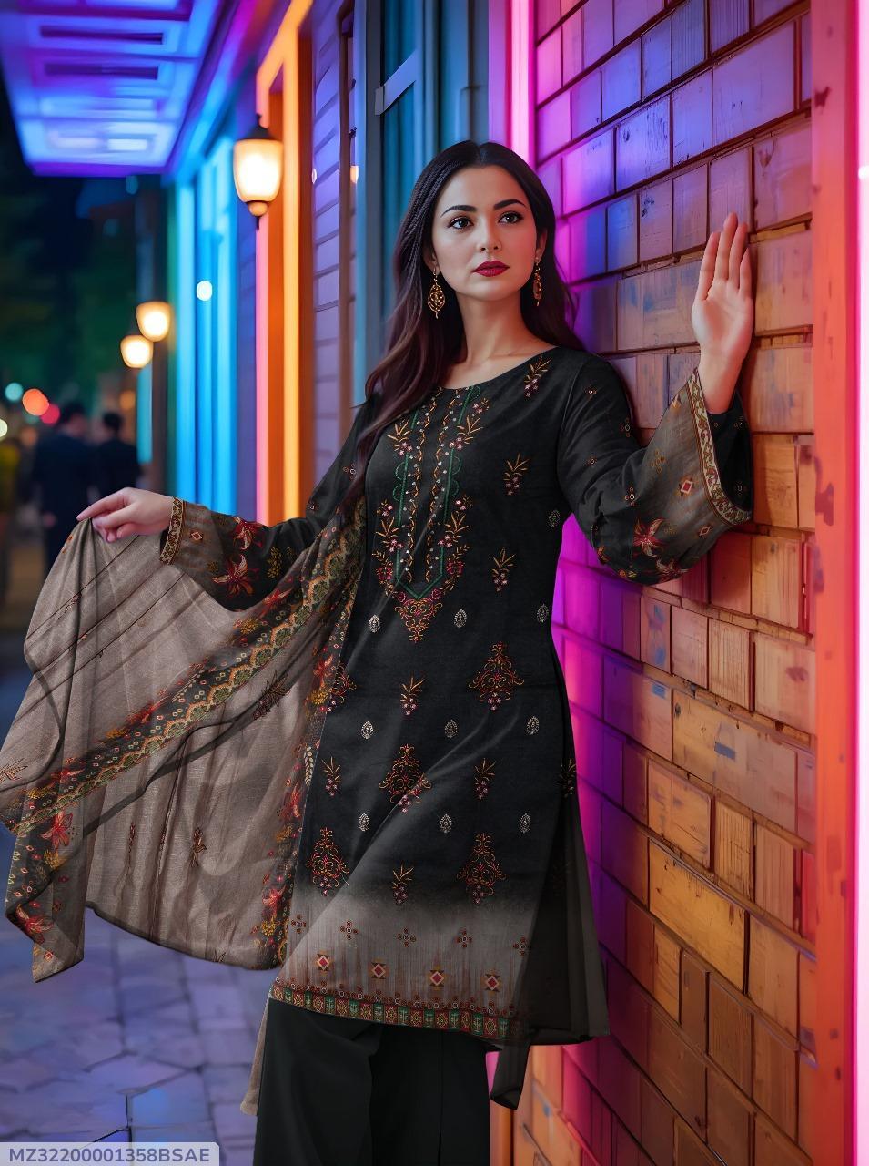 3 Pcs Women’s Unstitched Lawn Printed Suit with Embroidered Neckline & Silk Dupatta – Black