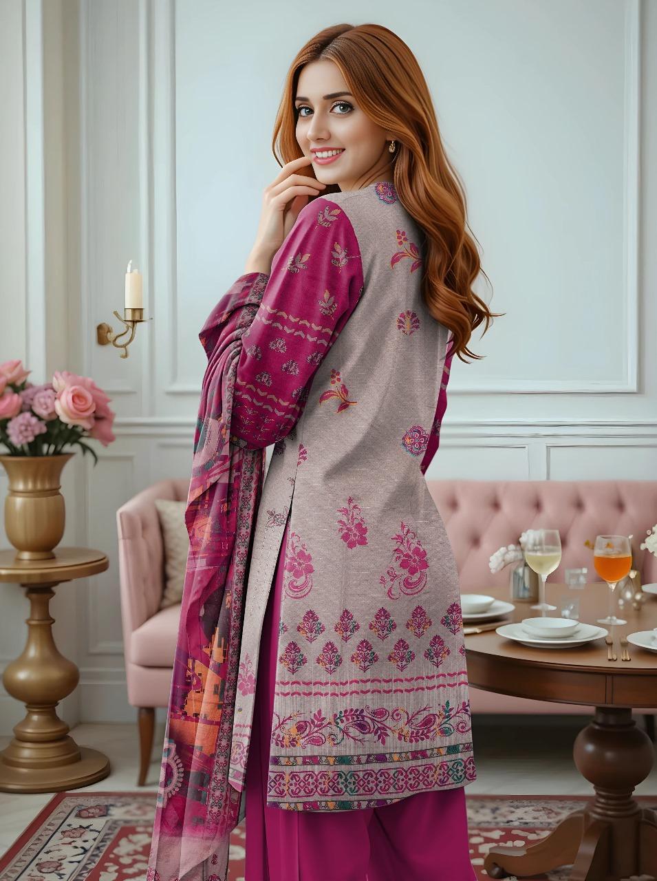 3 Pcs Women’s Unstitched Dobby Lawn Embroidered Suit with Printed Shirt & Embroidered Dupatta – Purple