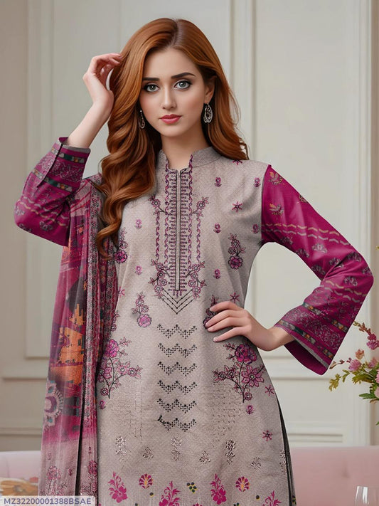 3 Pcs Women’s Unstitched Dobby Lawn Embroidered Suit with Printed Shirt & Embroidered Dupatta – Purple