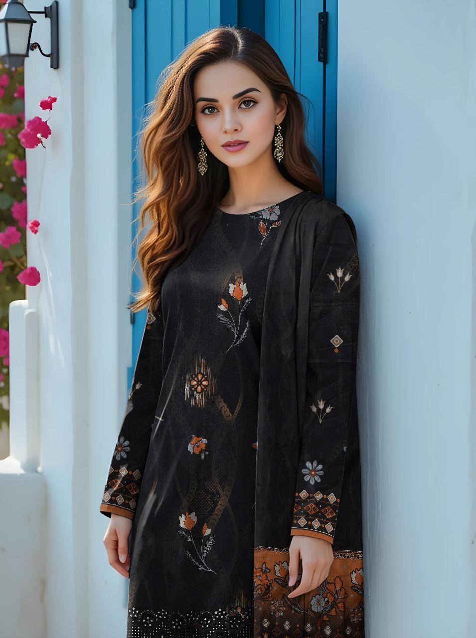3 Pcs Women’s Unstitched Lawn Printed Embroidered Suit with Cut Work Daman – Black