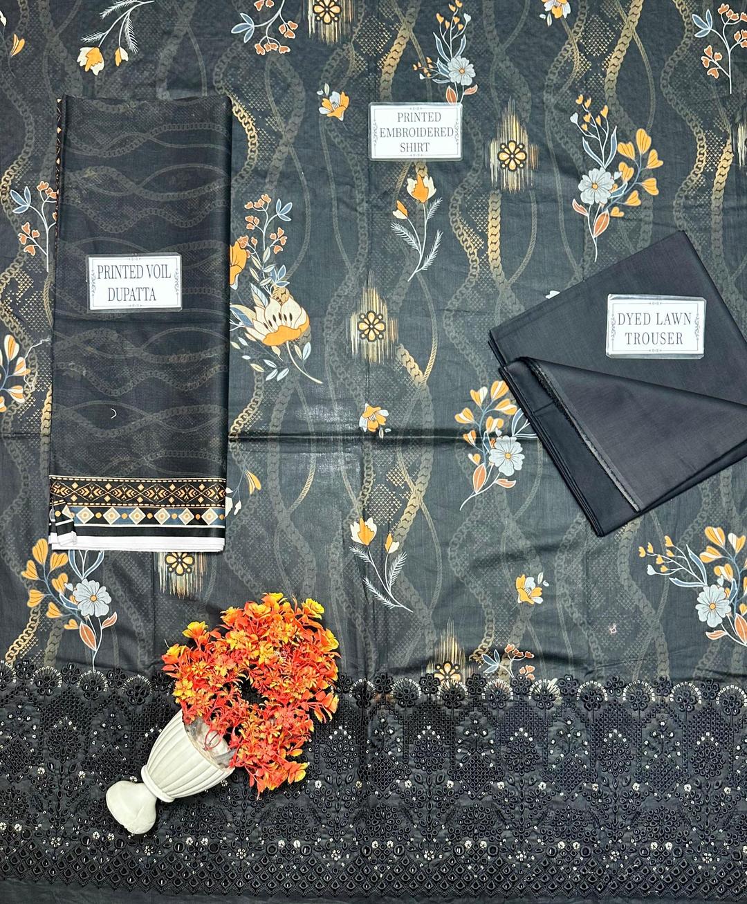 3 Pcs Women’s Unstitched Lawn Printed Embroidered Suit with Cut Work Daman – Black