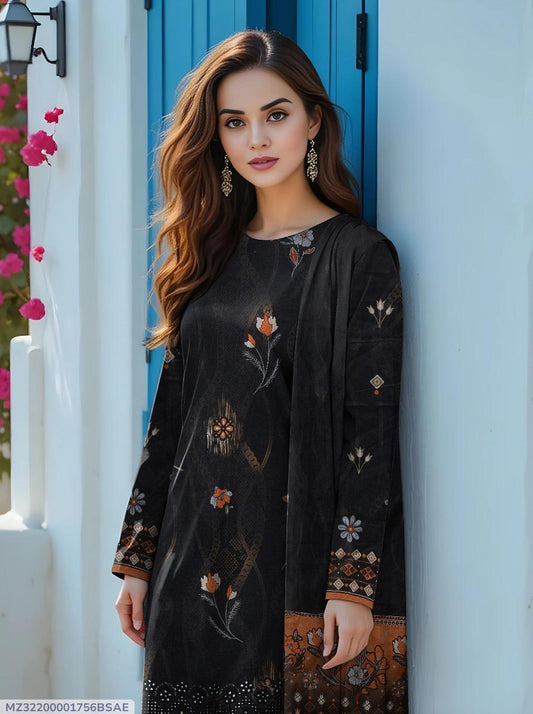 3 Pcs Women’s Unstitched Lawn Printed Embroidered Suit with Cut Work Daman – Black