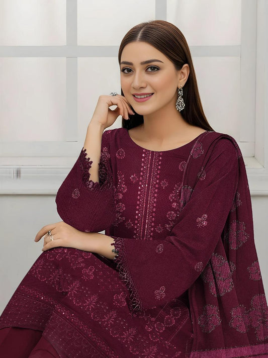 3 Pcs Women’s Unstitched Dhanak Embroidered Shirt with Plain Trouser & Jacquard Dupatta – Purple