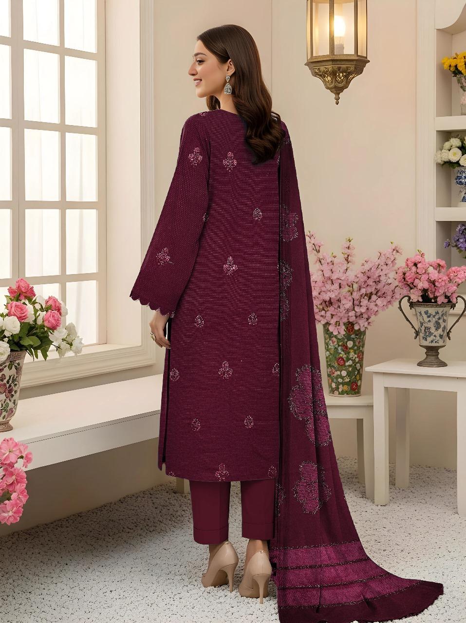 3 Pcs Women’s Unstitched Dhanak Embroidered Shirt with Plain Trouser & Jacquard Dupatta – Purple