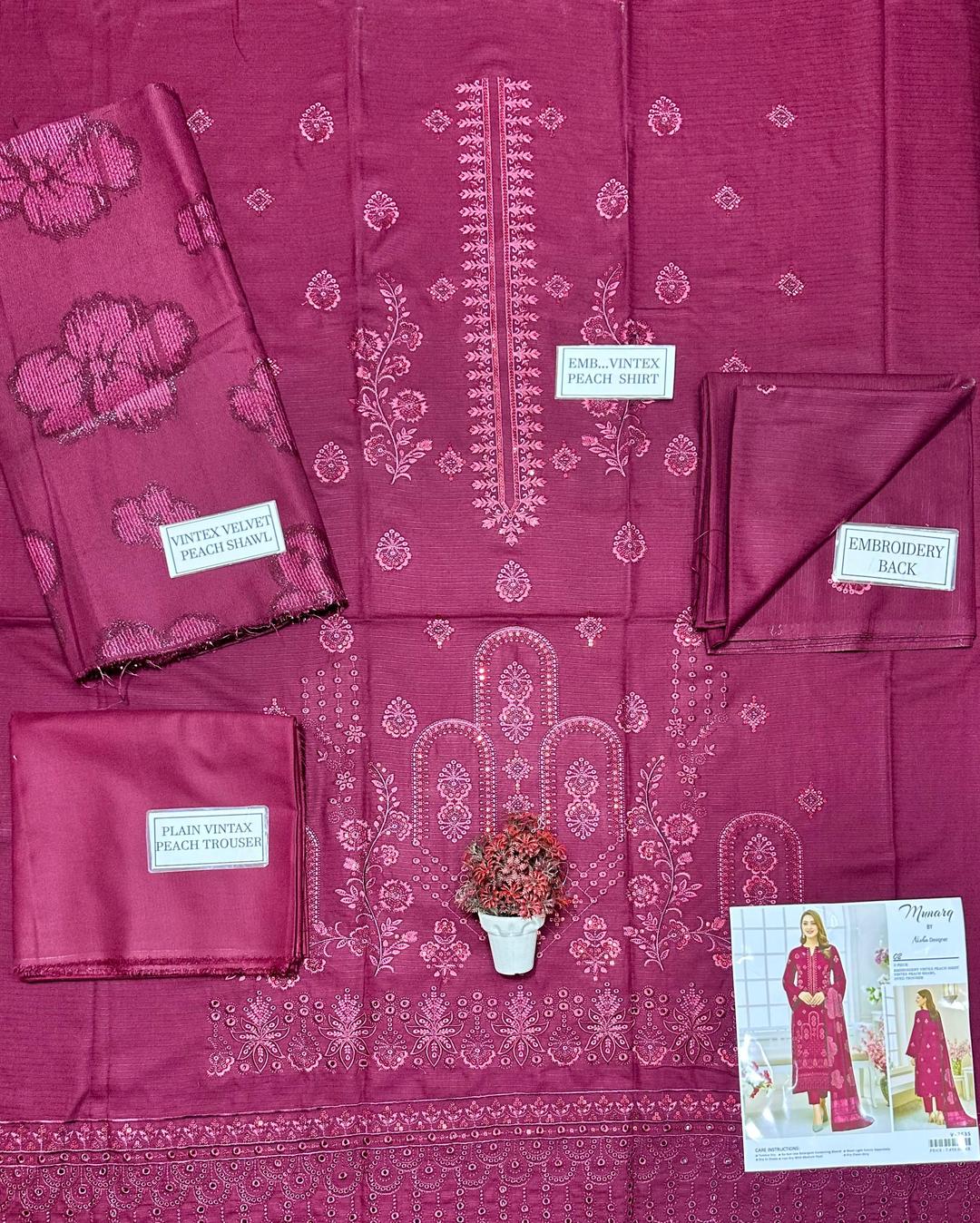 3 Pcs Women’s Unstitched Dhanak Embroidered Shirt with Plain Trouser & Jacquard Dupatta – Purple