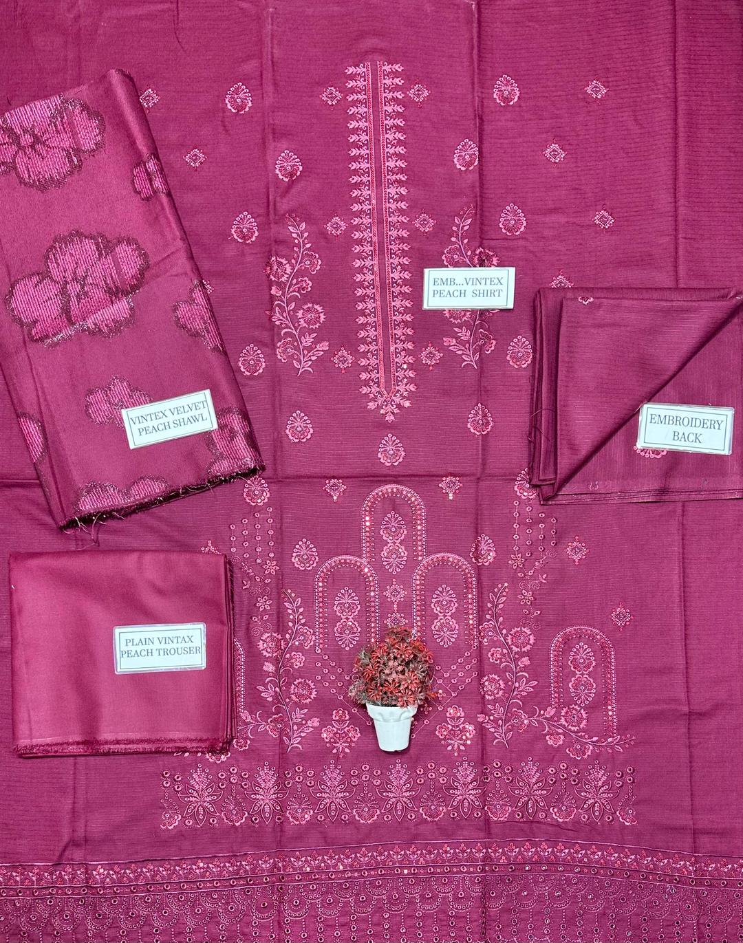 3 Pcs Women’s Unstitched Dhanak Embroidered Shirt with Plain Trouser & Jacquard Dupatta – Purple