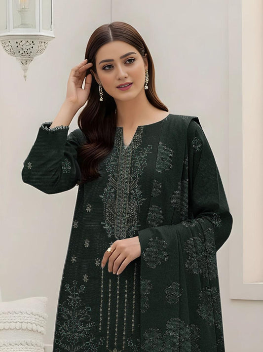 3 Pcs Women’s Unstitched Dhanak Embroidered Shirt with Plain Trouser & Jacquard Dupatta