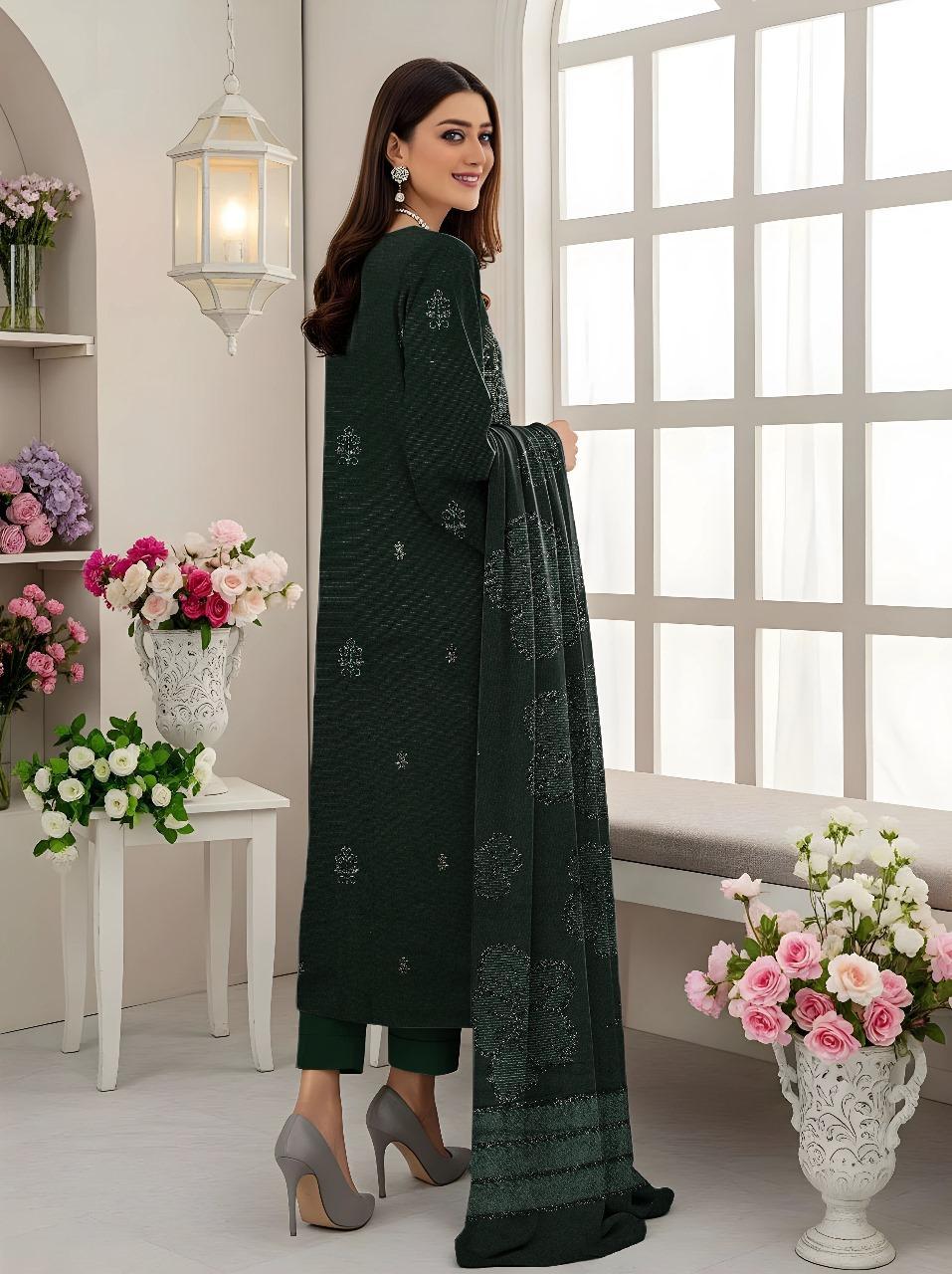 3 Pcs Women’s Unstitched Dhanak Embroidered Shirt with Plain Trouser & Jacquard Dupatta