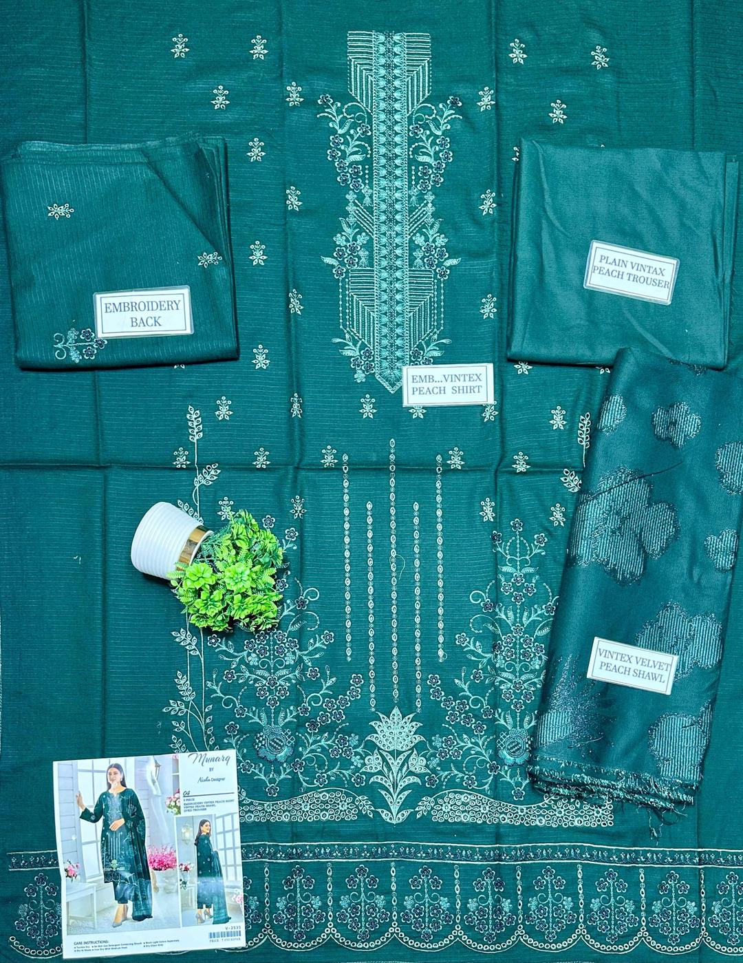 3 Pcs Women’s Unstitched Dhanak Embroidered Shirt with Plain Trouser & Jacquard Dupatta