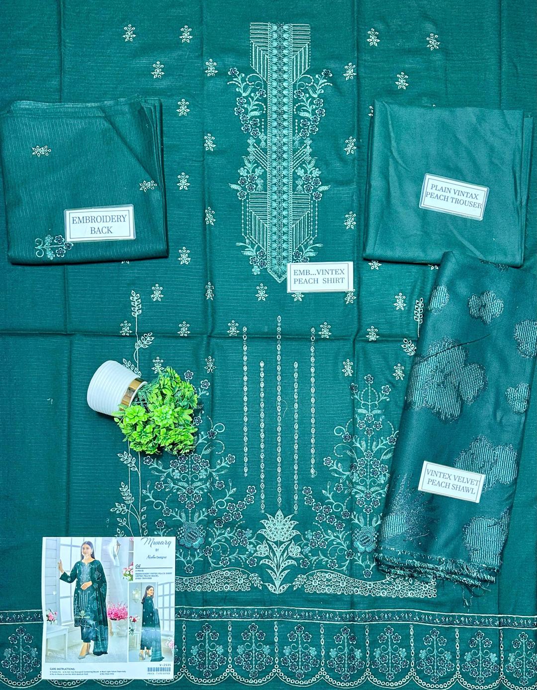 3 Pcs Women’s Unstitched Dhanak Embroidered Shirt with Plain Trouser & Jacquard Dupatta