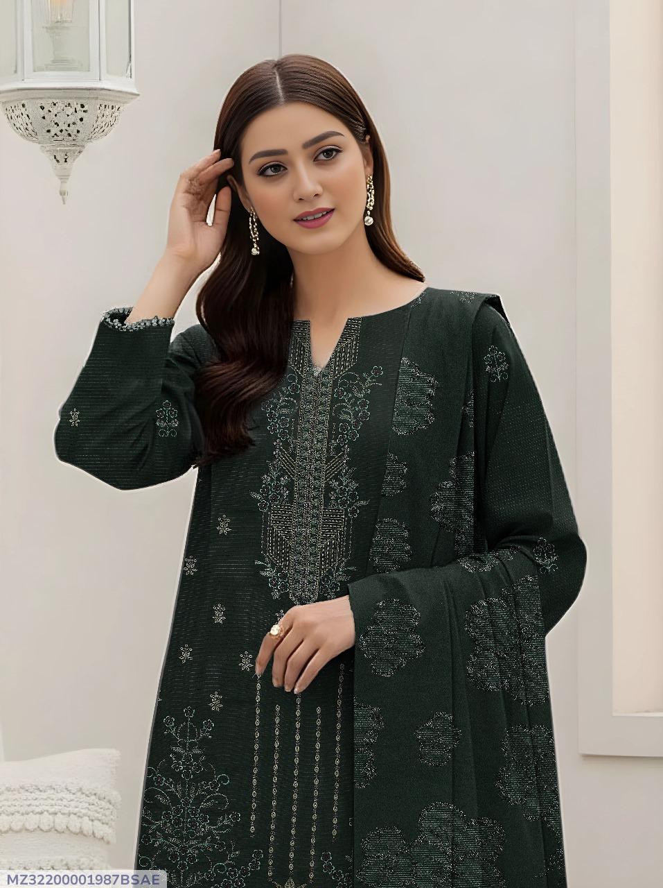 3 Pcs Women’s Unstitched Dhanak Embroidered Shirt with Plain Trouser & Jacquard Dupatta