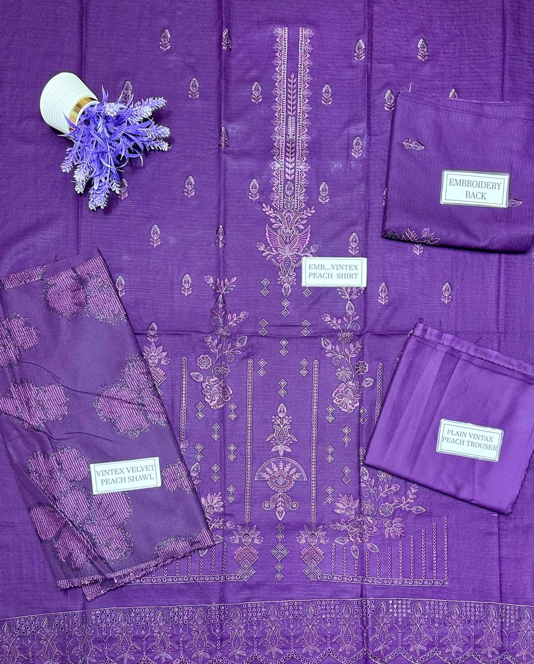 3 Pcs Women's Unstitched Dhanak Suit with Embroidered Shirt & Jacquard Dupatta – Purple
