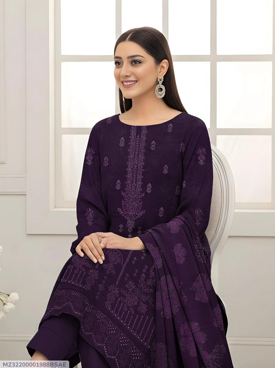 3 Pcs Women's Unstitched Dhanak Suit with Embroidered Shirt & Jacquard Dupatta – Purple