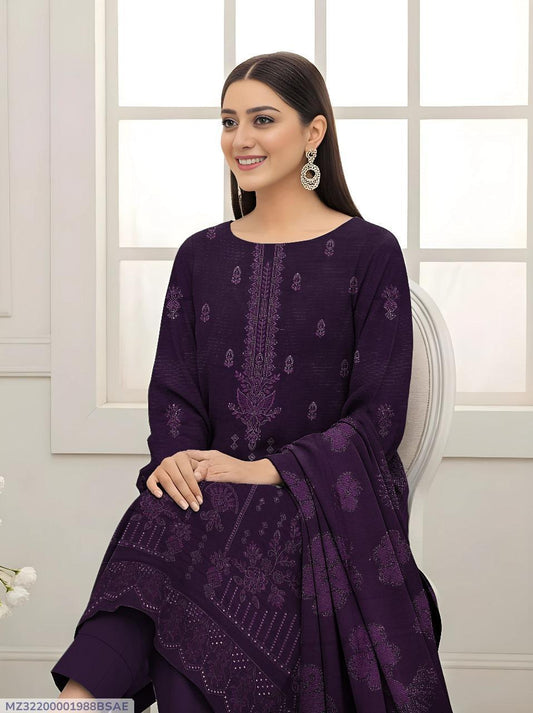 3 Pcs Women's Unstitched Dhanak Suit with Embroidered Shirt & Jacquard Dupatta – Purple