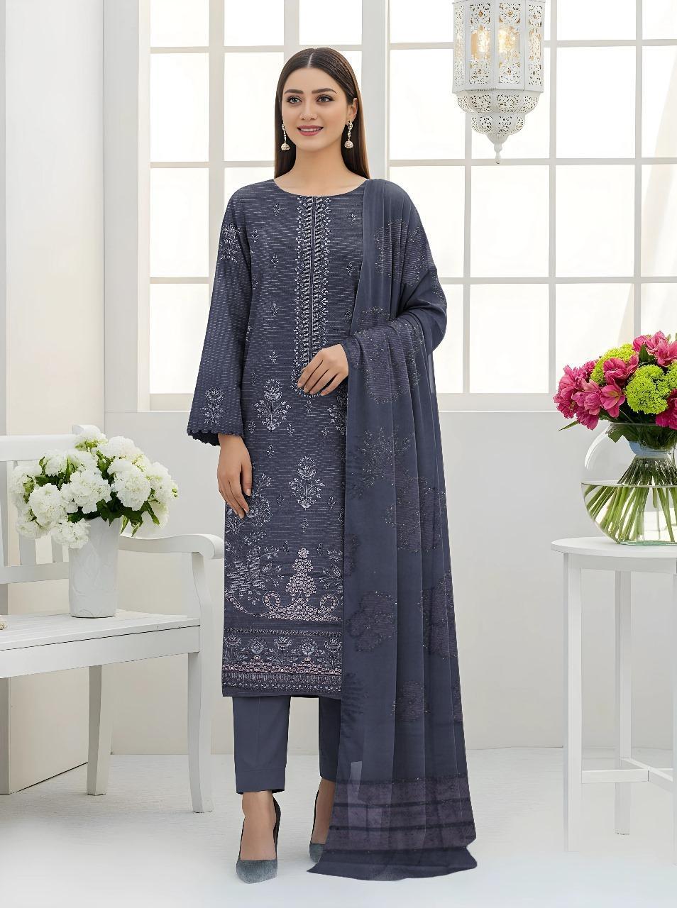 3 Pcs Women’s Unstitched Dhanak Embroidered Shirt with Plain Trouser & Jacquard Dupatta – Grey