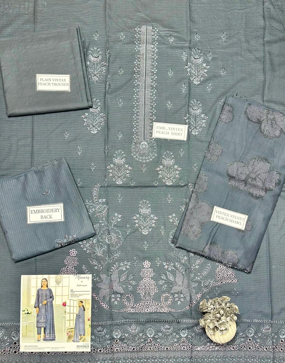 3 Pcs Women’s Unstitched Dhanak Embroidered Shirt with Plain Trouser & Jacquard Dupatta – Grey