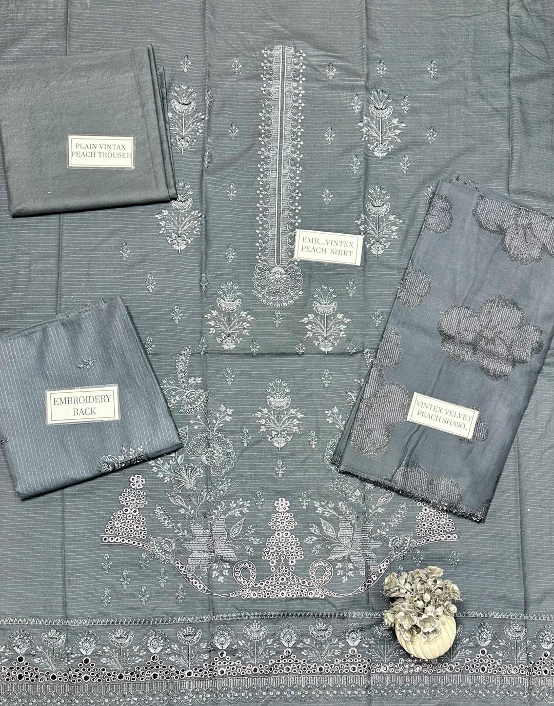 3 Pcs Women’s Unstitched Dhanak Embroidered Shirt with Plain Trouser & Jacquard Dupatta – Grey